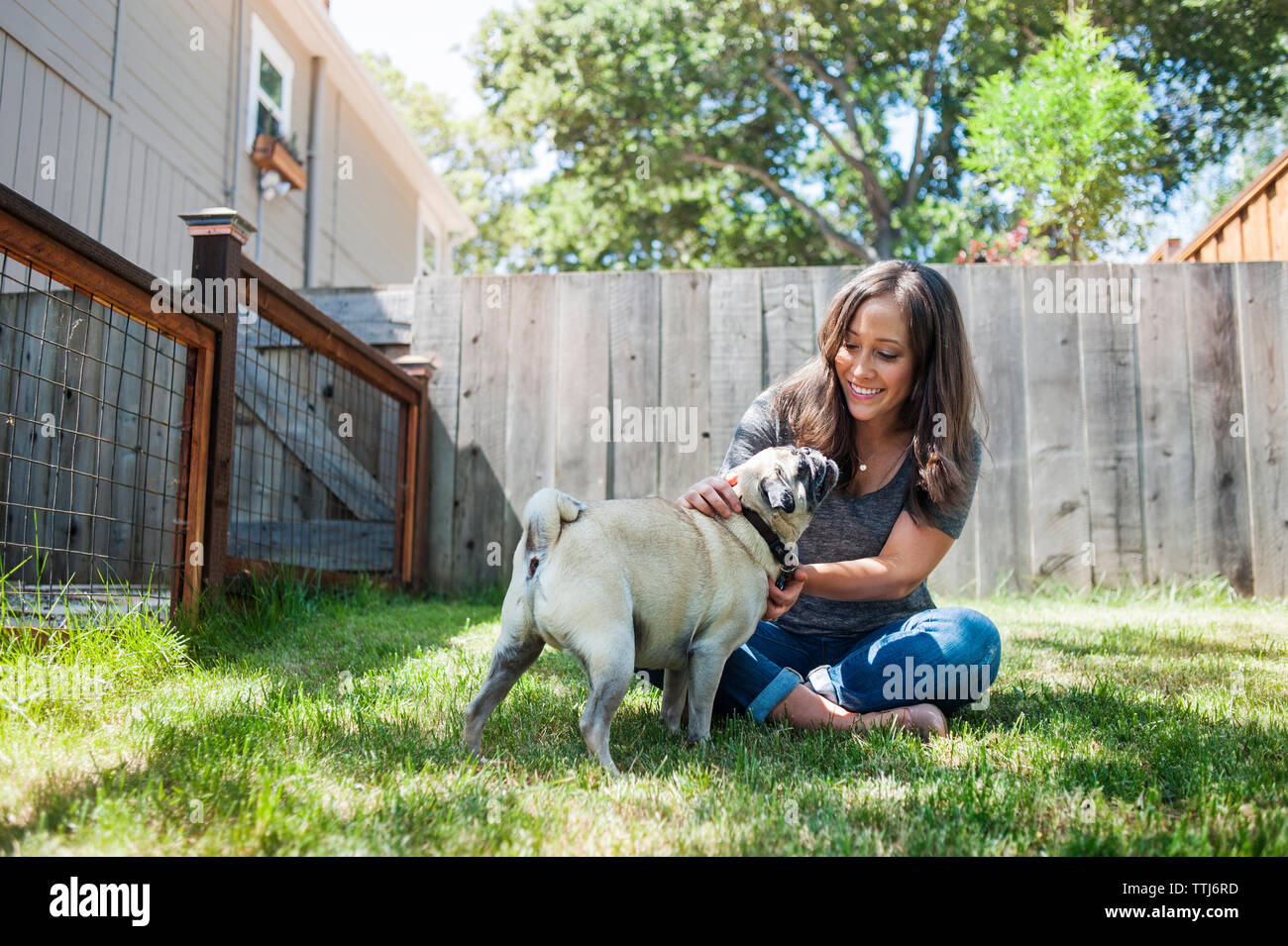 Woman playing with pug while sitting on grassy field in backyard Stock Photo