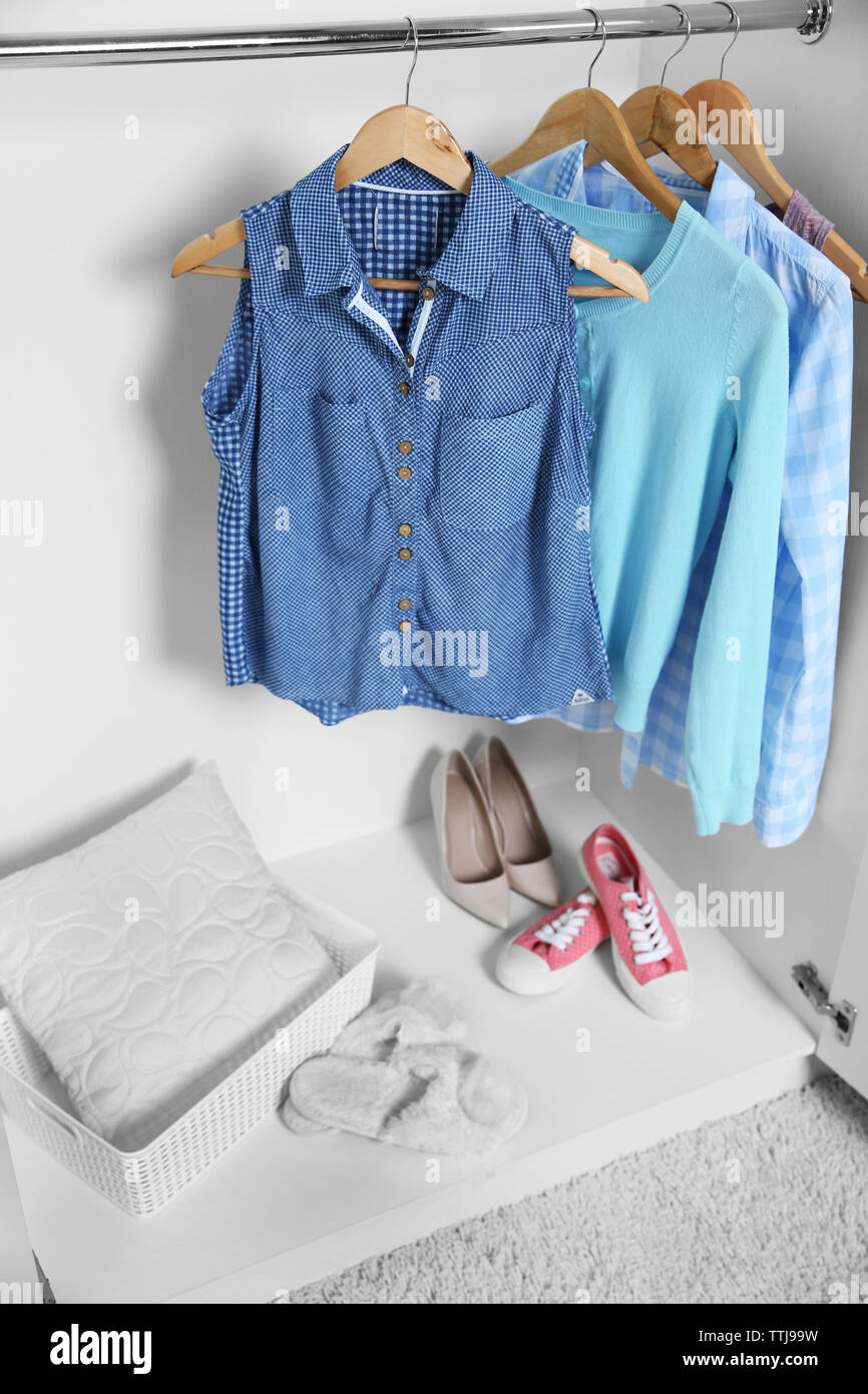 Female clothes hanging in wardrobe Stock Photo Alamy