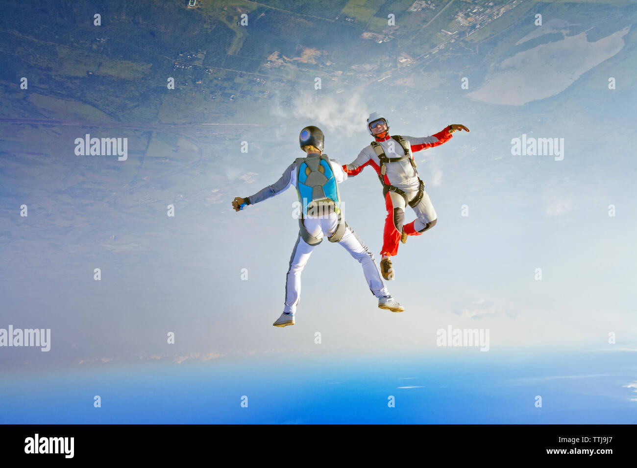 Aerial view of skydivers in air Stock Photo