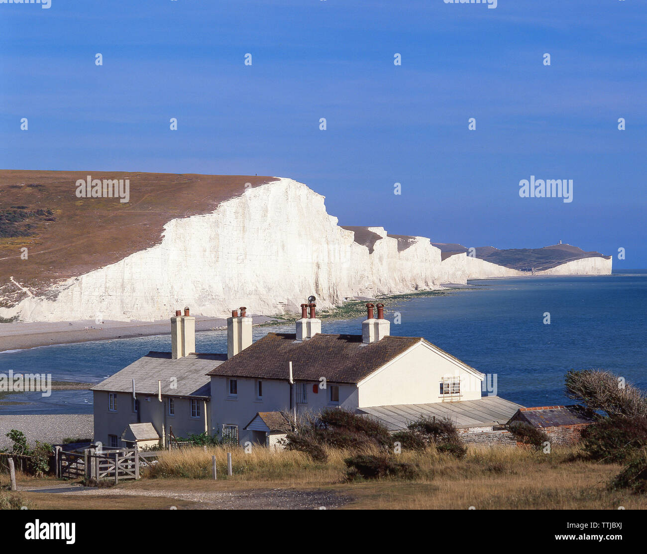 Seven Sisters Cliffs and Coastguard Cottages, Cuckmere Haven, Seaford Head Nature Reserve, Seaford, East Sussex, England, United Kingdom Stock Photo