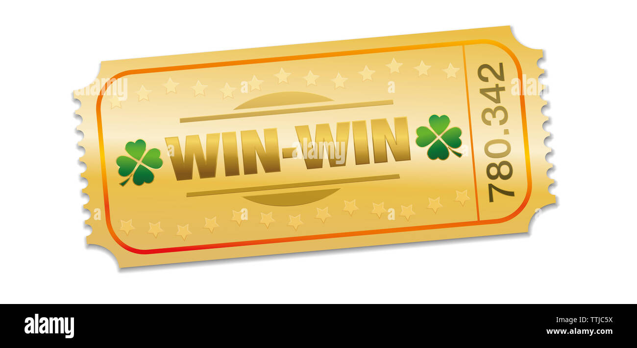 Golden raffle ticket with win win situation prize. Single strip ticket with lucky clover, stars and winning number. Stock Photo