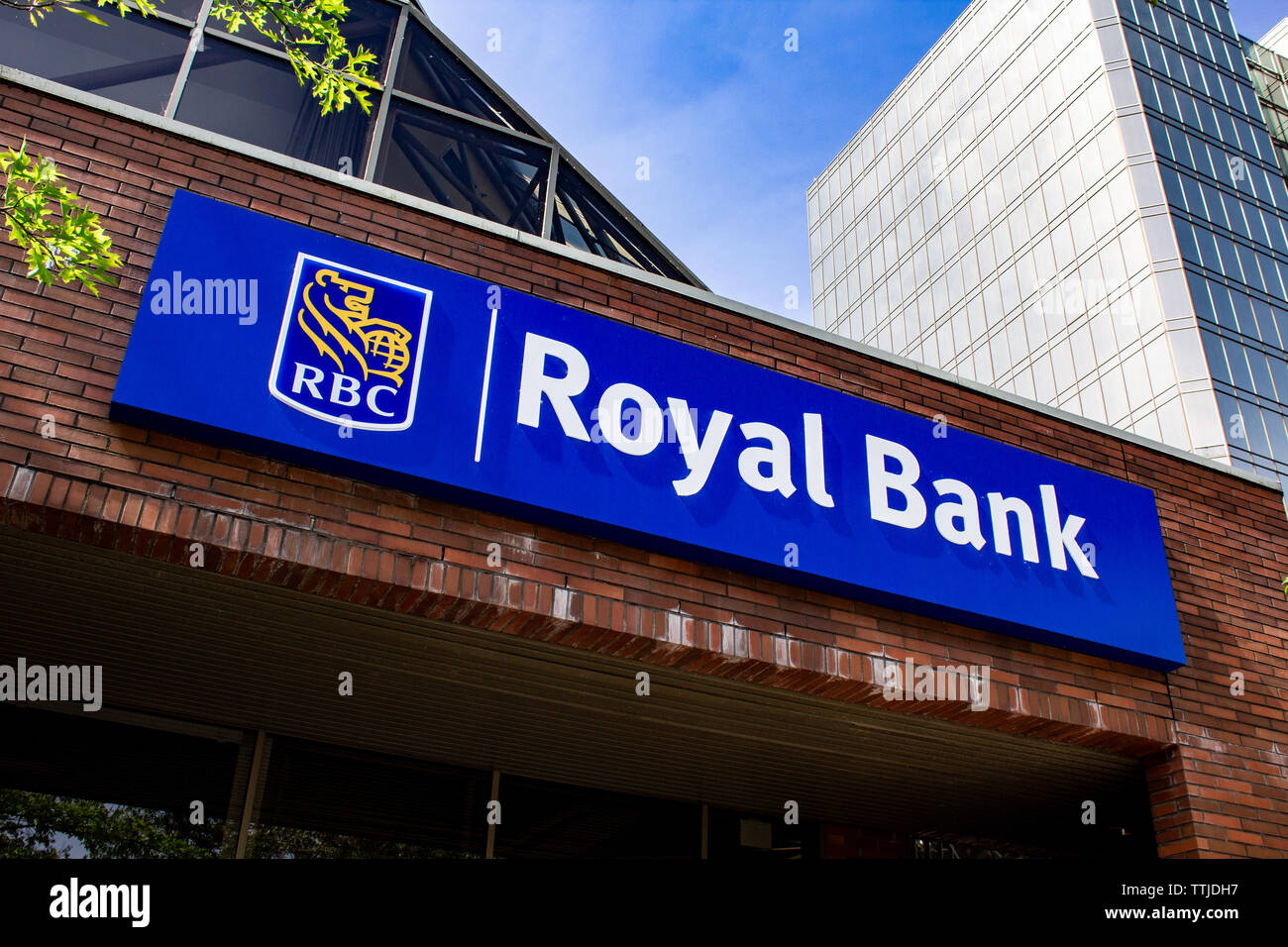BURNABY, BRITISH COLUMBIA, CANADA - JUNE 1, 2019: RBC (Royal Bank of Canada) sign - Image Stock Photo