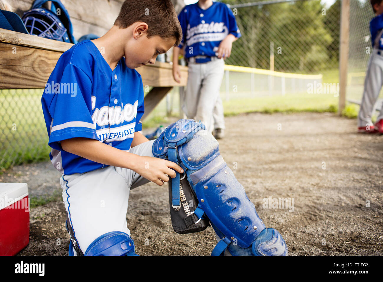 Boy wearing baseball pad in dugout Stock Photo