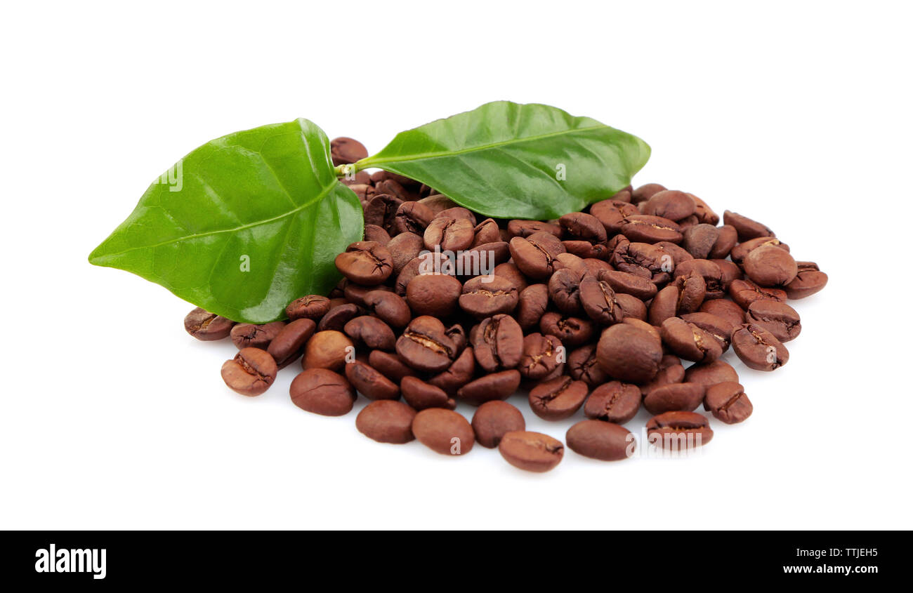Coffee beans and green leaves, isolated on white Stock Photo - Alamy
