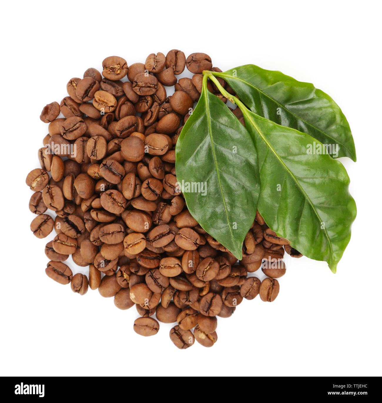 Coffee beans and green leaves, isolated on white Stock Photo - Alamy