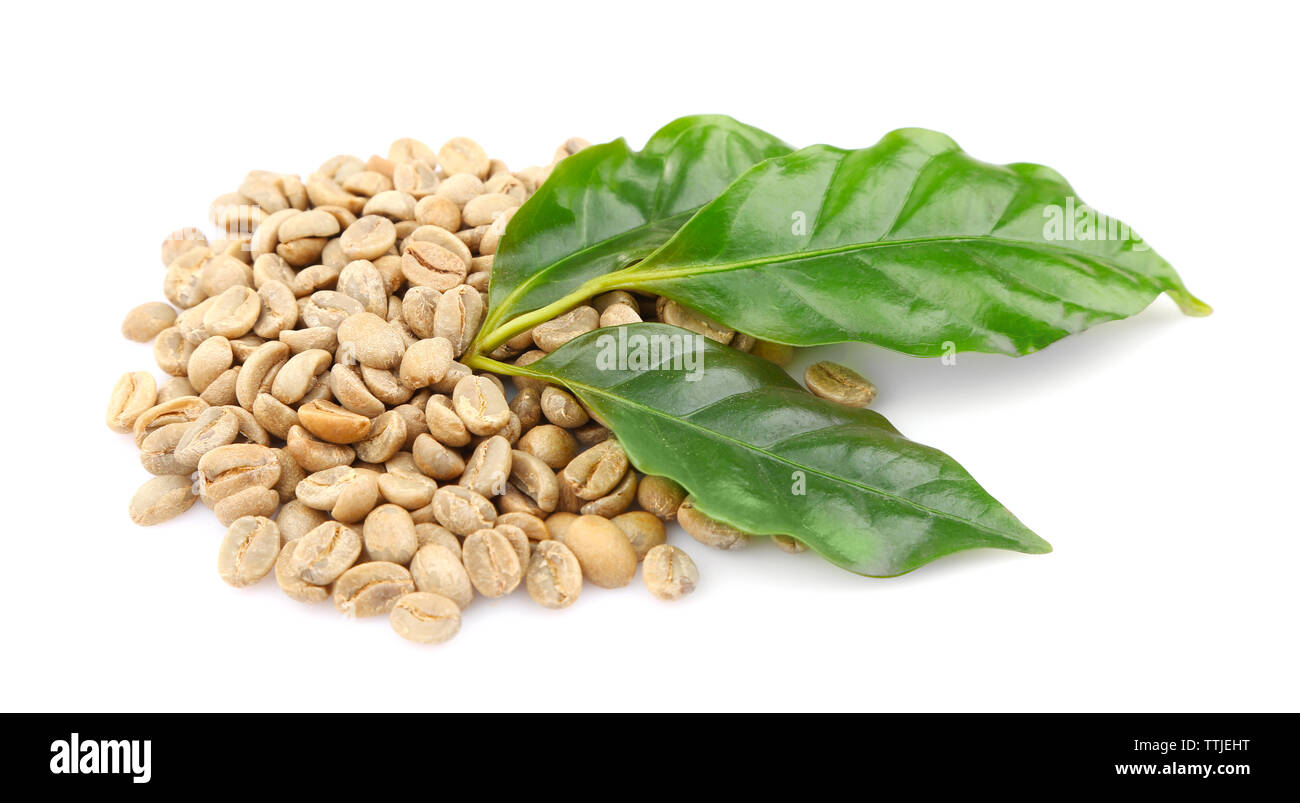 Coffee beans and green leaves, isolated on white Stock Photo - Alamy