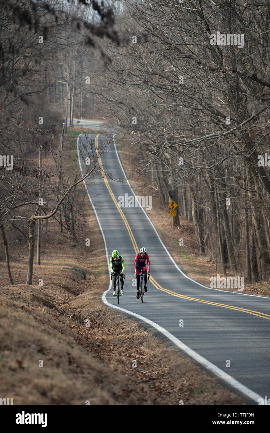 UNITED STATES - December 8, 2015: Pro cyclist Justin Mauch and Joe Dombrowski ride across Mt. Weather in the Blue Ridge Mountains of Virginia near Par Stock Photo