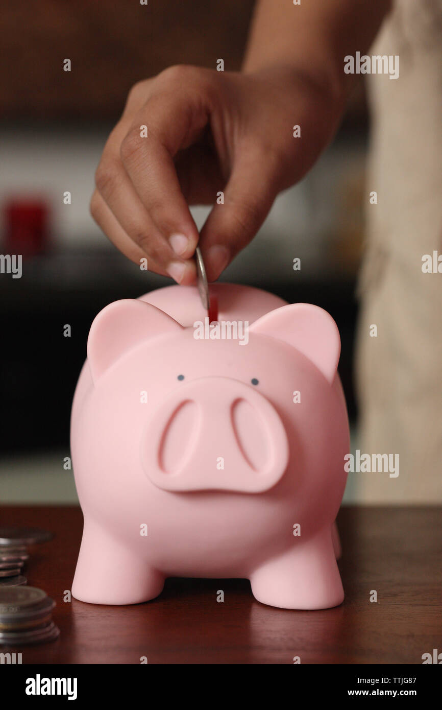 Person hand putting coin into a piggy bank Stock Photo - Alamy