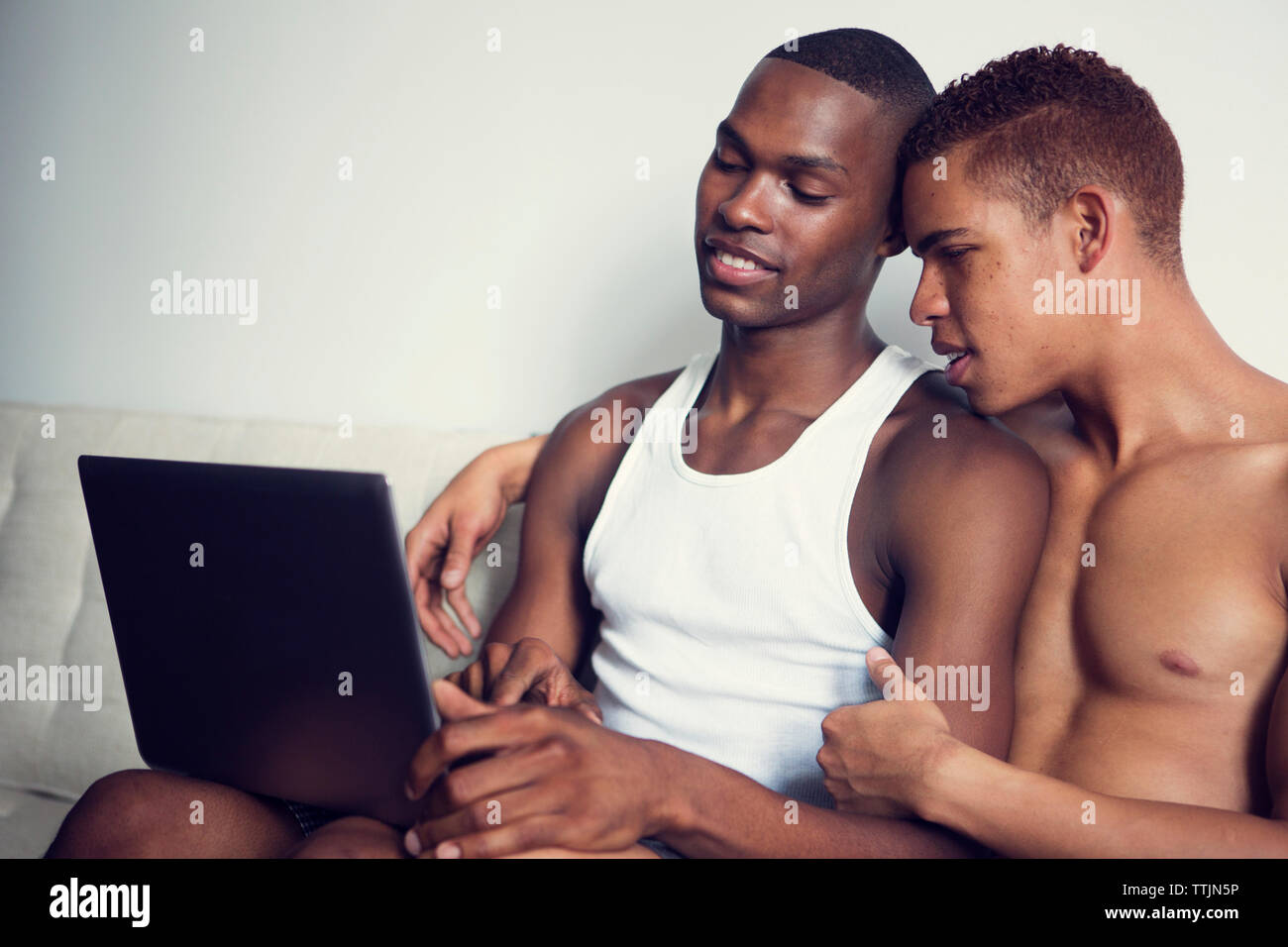 Gay couple using laptop computer at home Stock Photo - Alamy