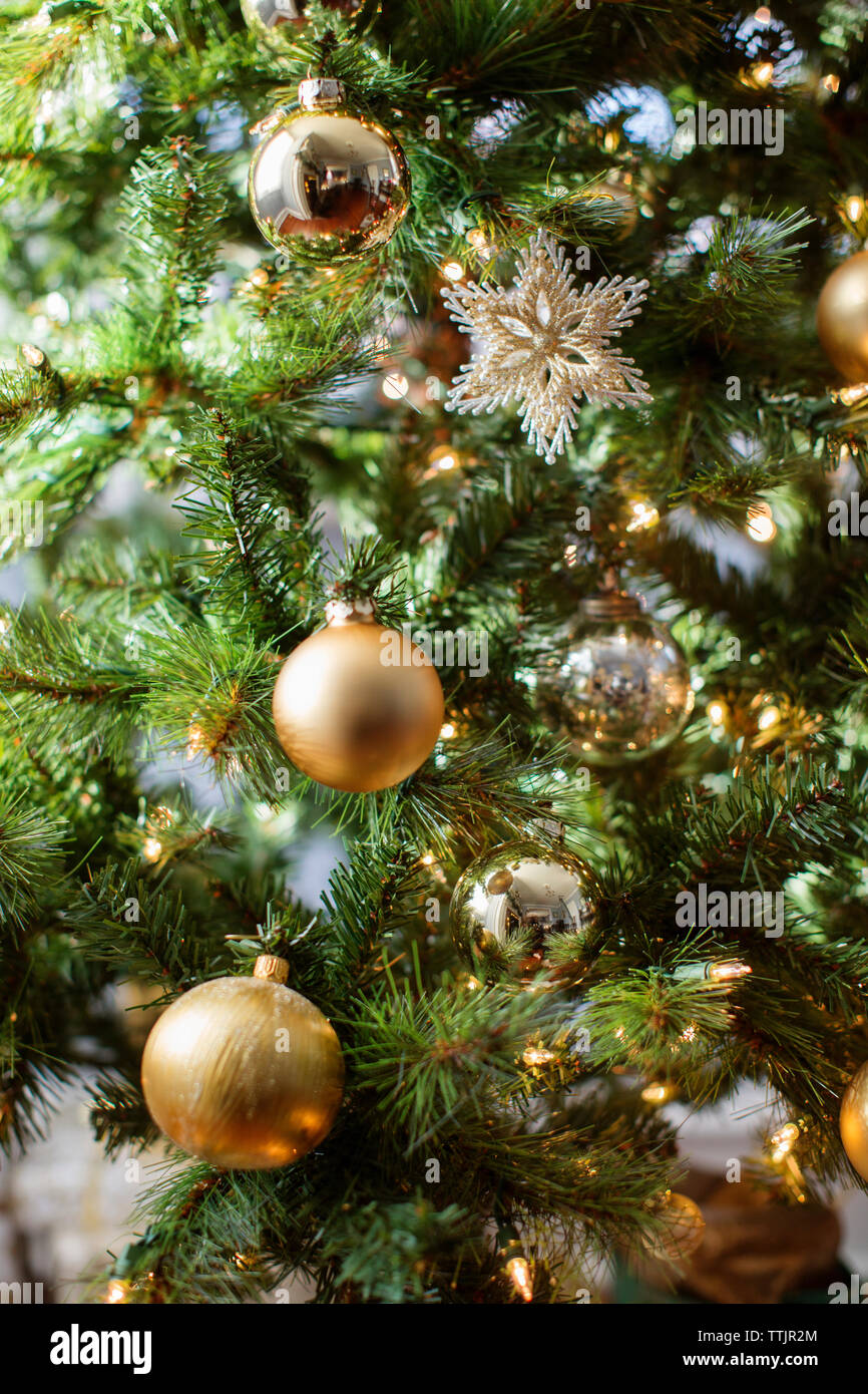 Close-up of golden baubles on christmas tree Stock Photo