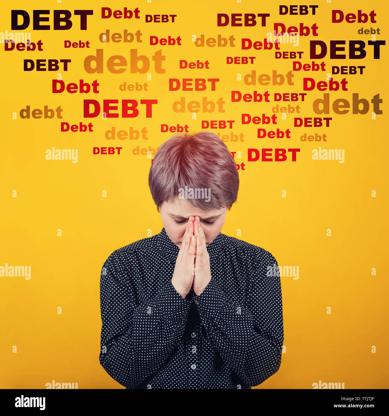 Desperate woman anxiety and headache feeling, mess in head, stress and migraine, shocked about huge debt amount, has no money. Financial problems, ove Stock Photo