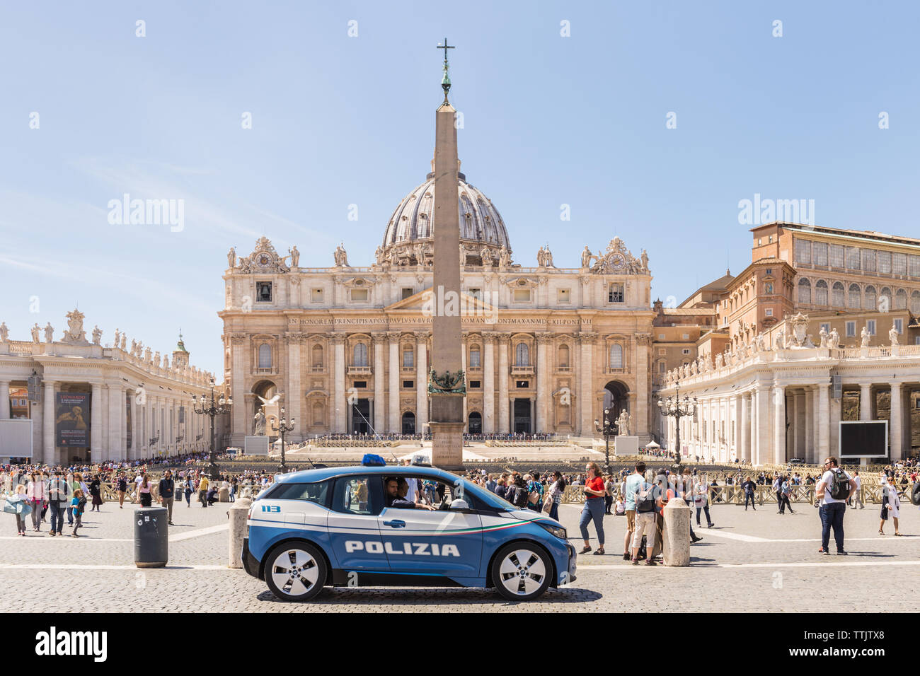 VATICAN CITY - APRIL 27, 2019: Police car at Saint Peter's Square, Piazza di San Pietro, for the safety of the people. Stock Photo