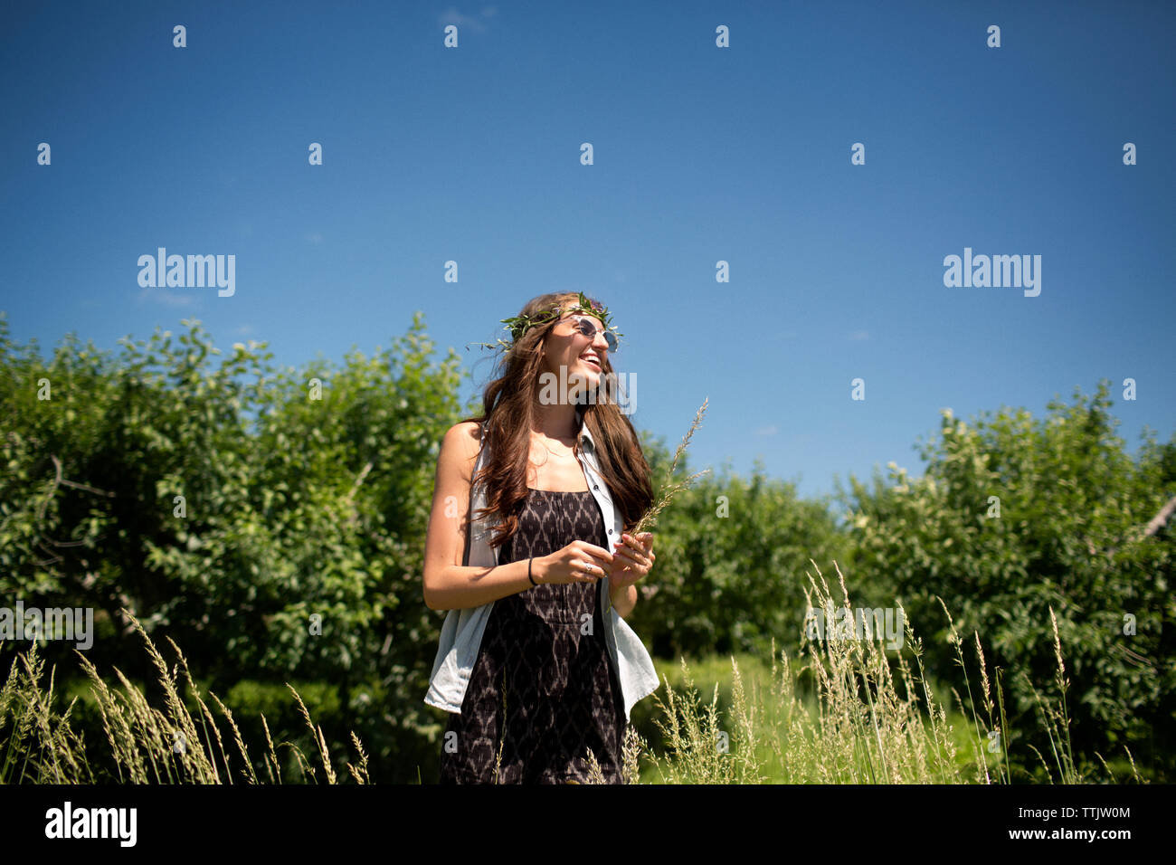 Happy woman wearing tiara standing on field against blue sky Stock Photo
