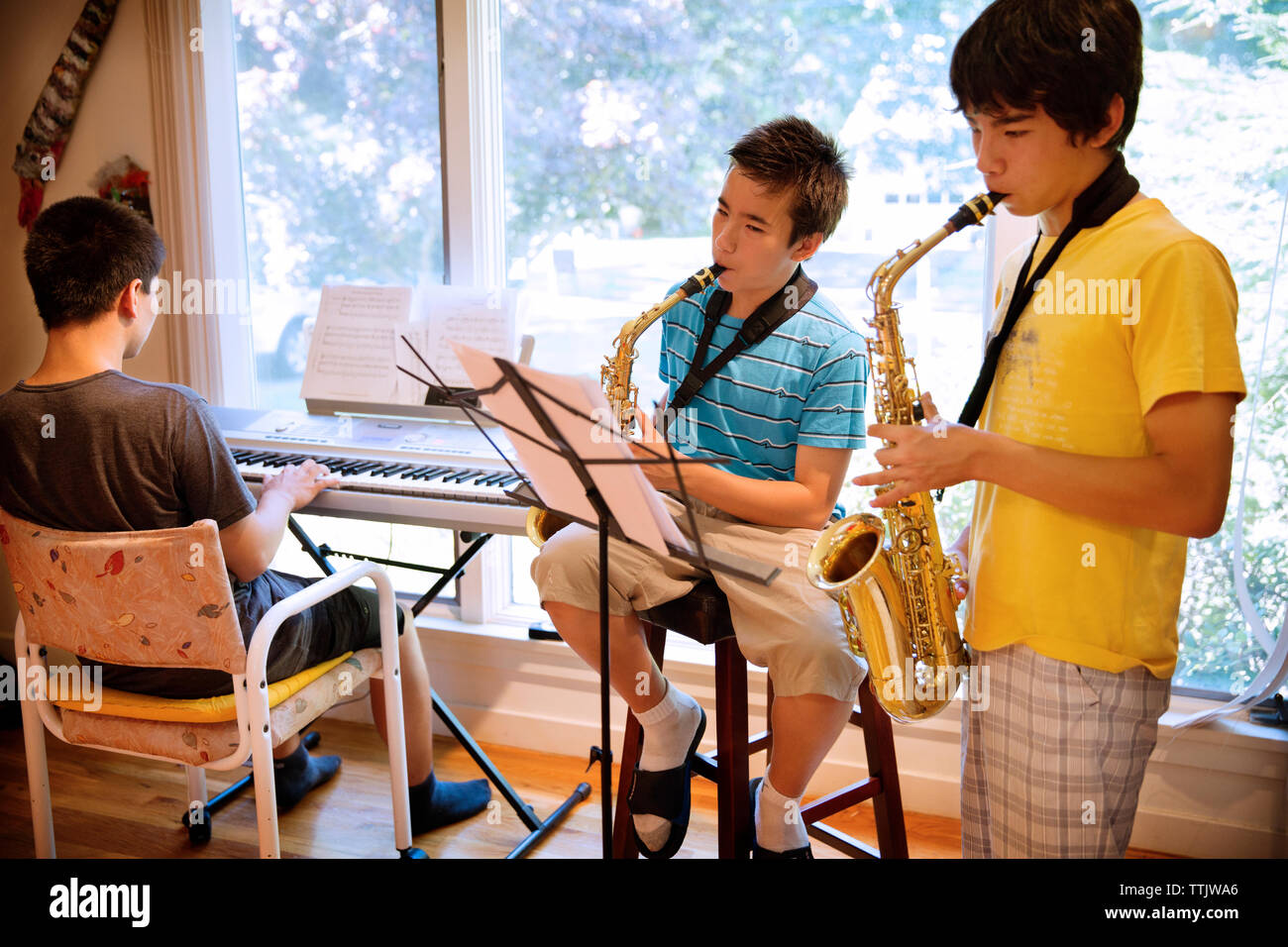 Brothers practicing musical instruments at home Stock Photo Alamy