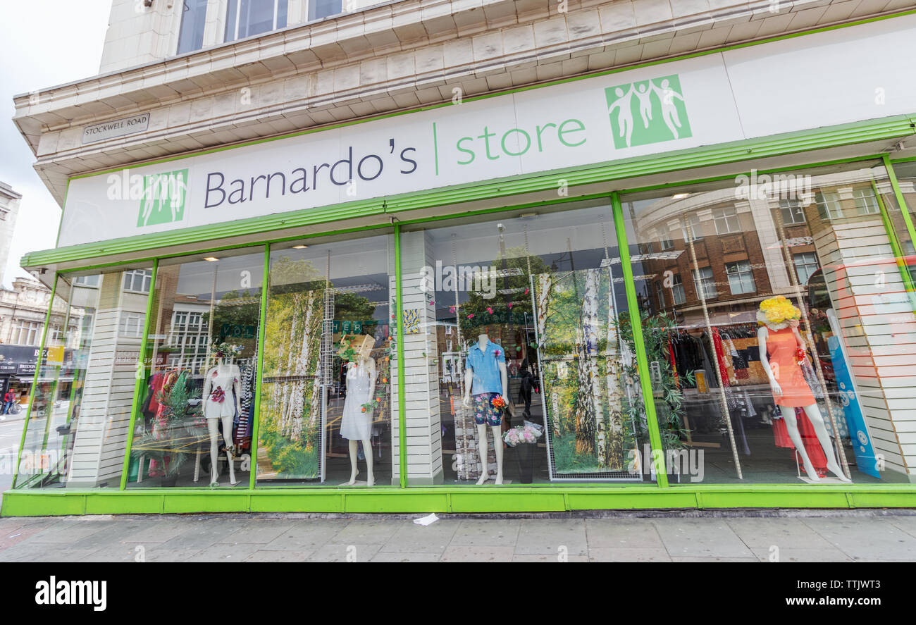 London / UK - June 15th 2019 - Barnardo's charity store front on Stockwell Road, Brixton. Barnardo's is a British charity founded in 1866, to care for Stock Photo