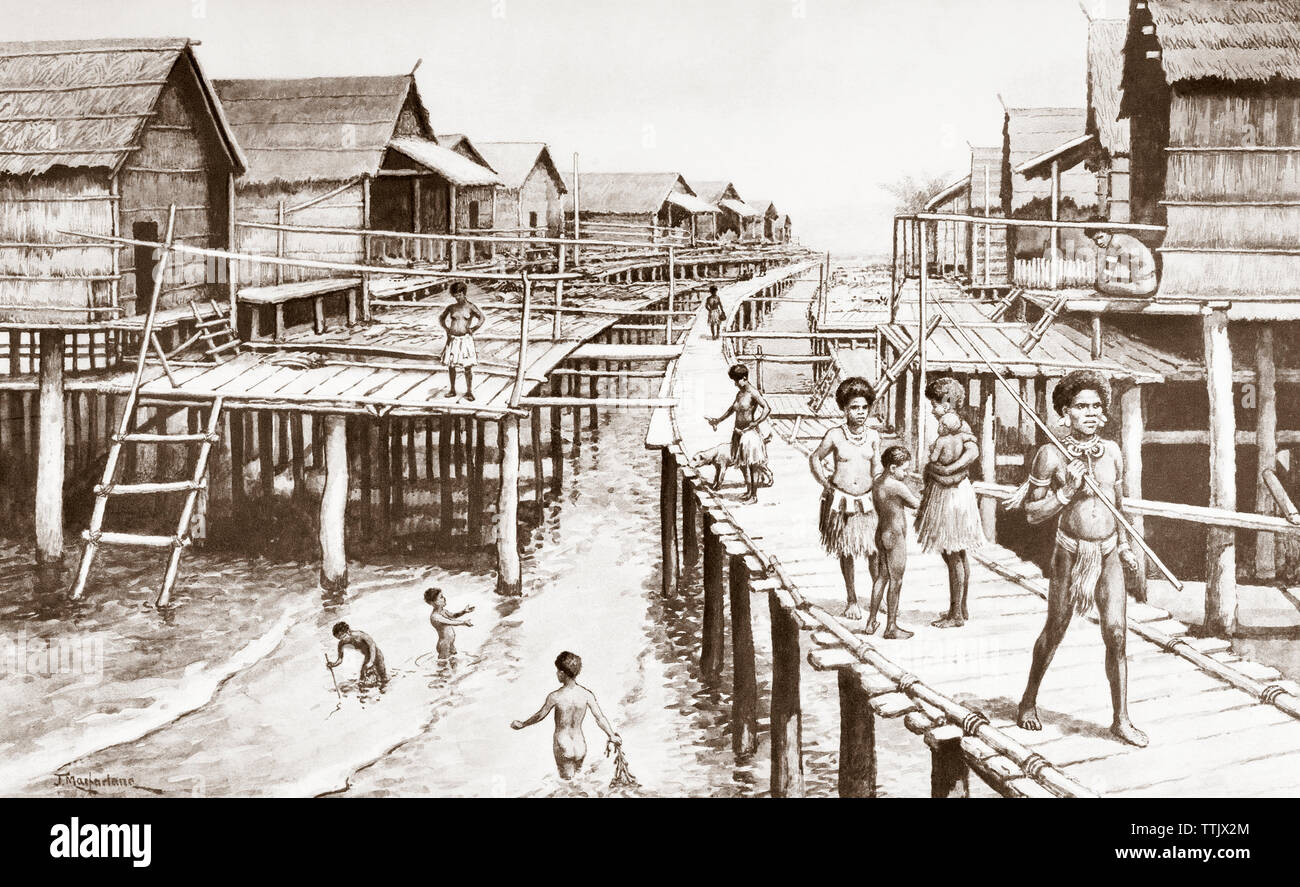 Stilt houses in Port Moresby, Papua New Guinea. After a work by J