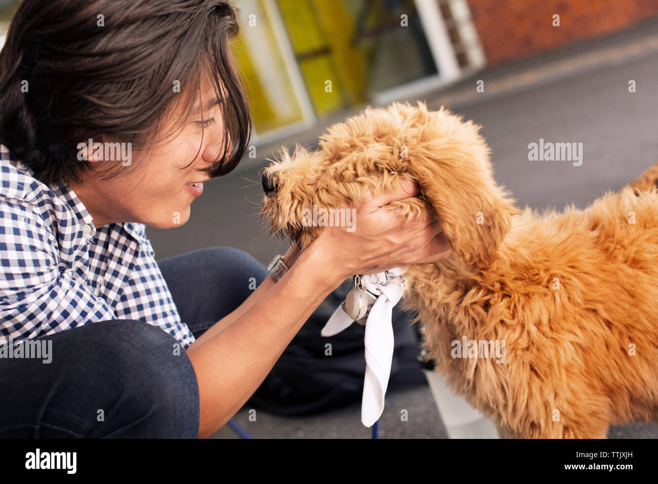 Side view of man holding poodle while crouching on road Stock Photo