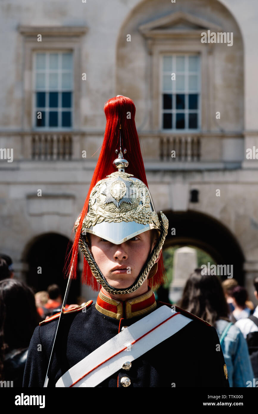 London, UK - May 15, 2019: A soldier of the Horse Guard stands guard at Horse Guard Parade in Westminster Stock Photo