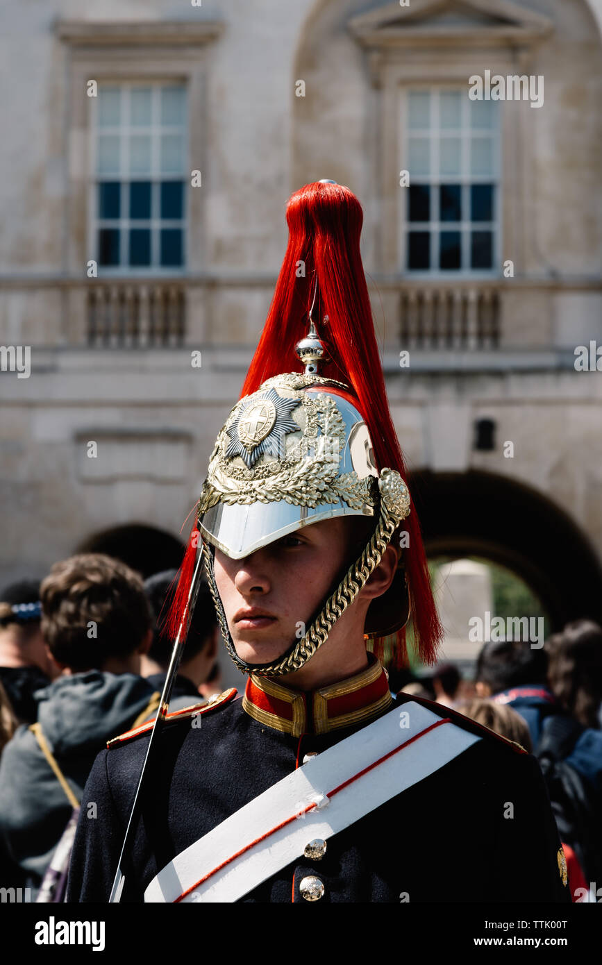 London, UK - May 15, 2019: A soldier of the Horse Guard stands guard at Horse Guard Parade in Westminster Stock Photo