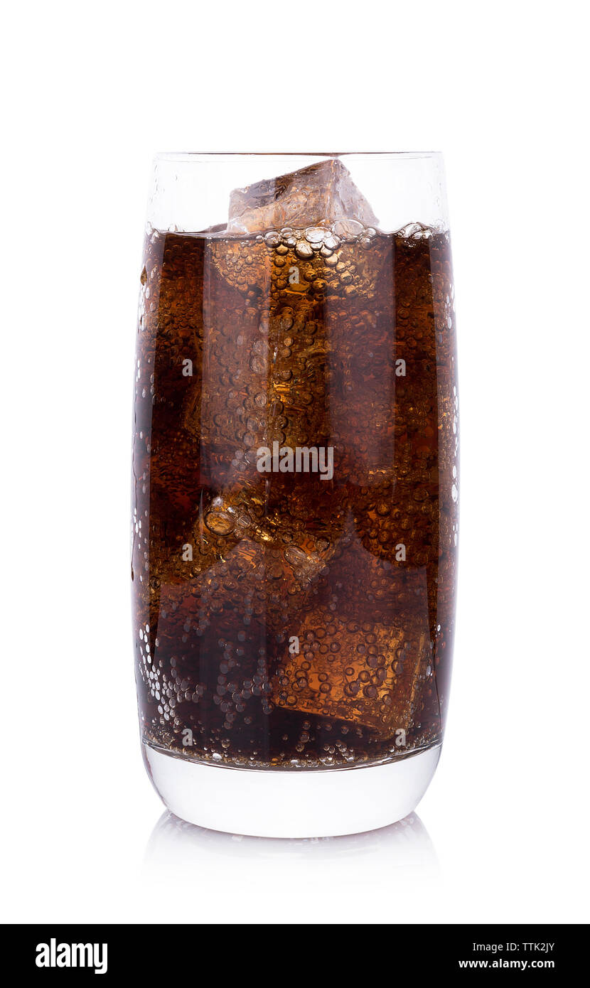 Cola in glass with ice cubes on white background Stock Photo - Alamy