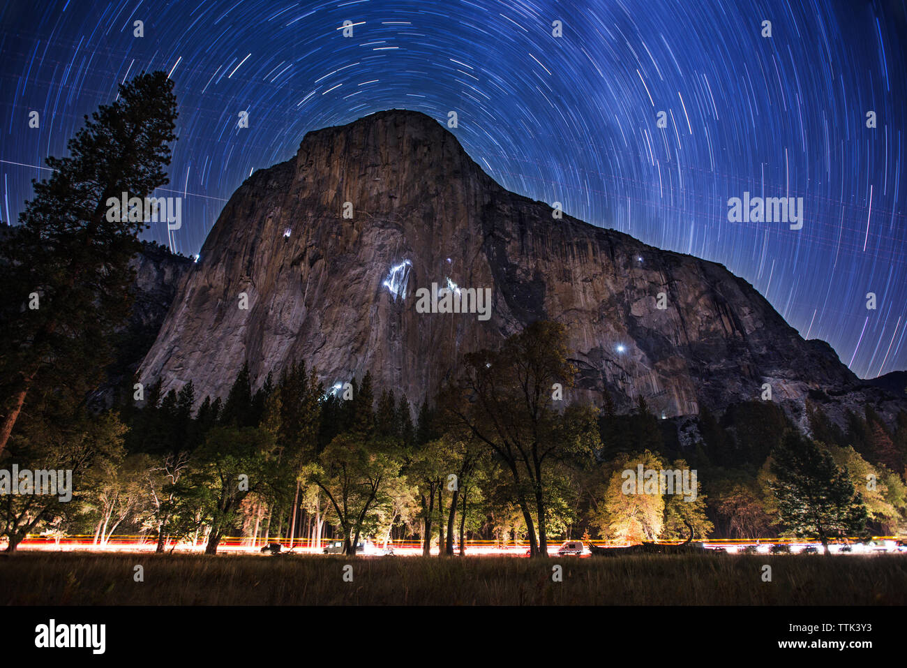 Scenic view of star trials over mountain at Yosemite National Park Stock Photo