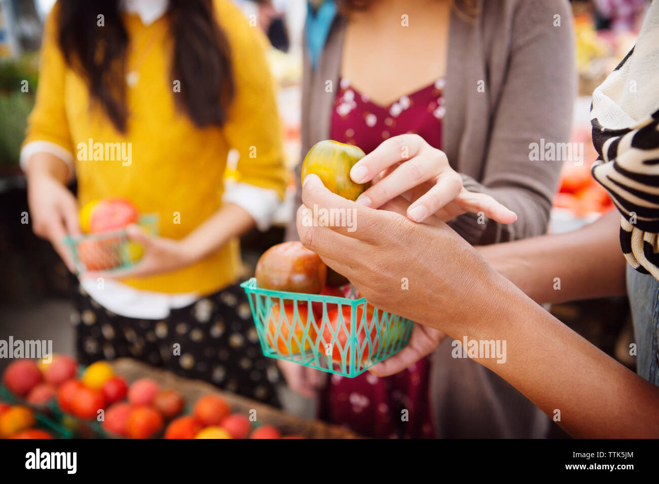 Midsection of friends shopping for tomatoes at stall in market Stock Photo