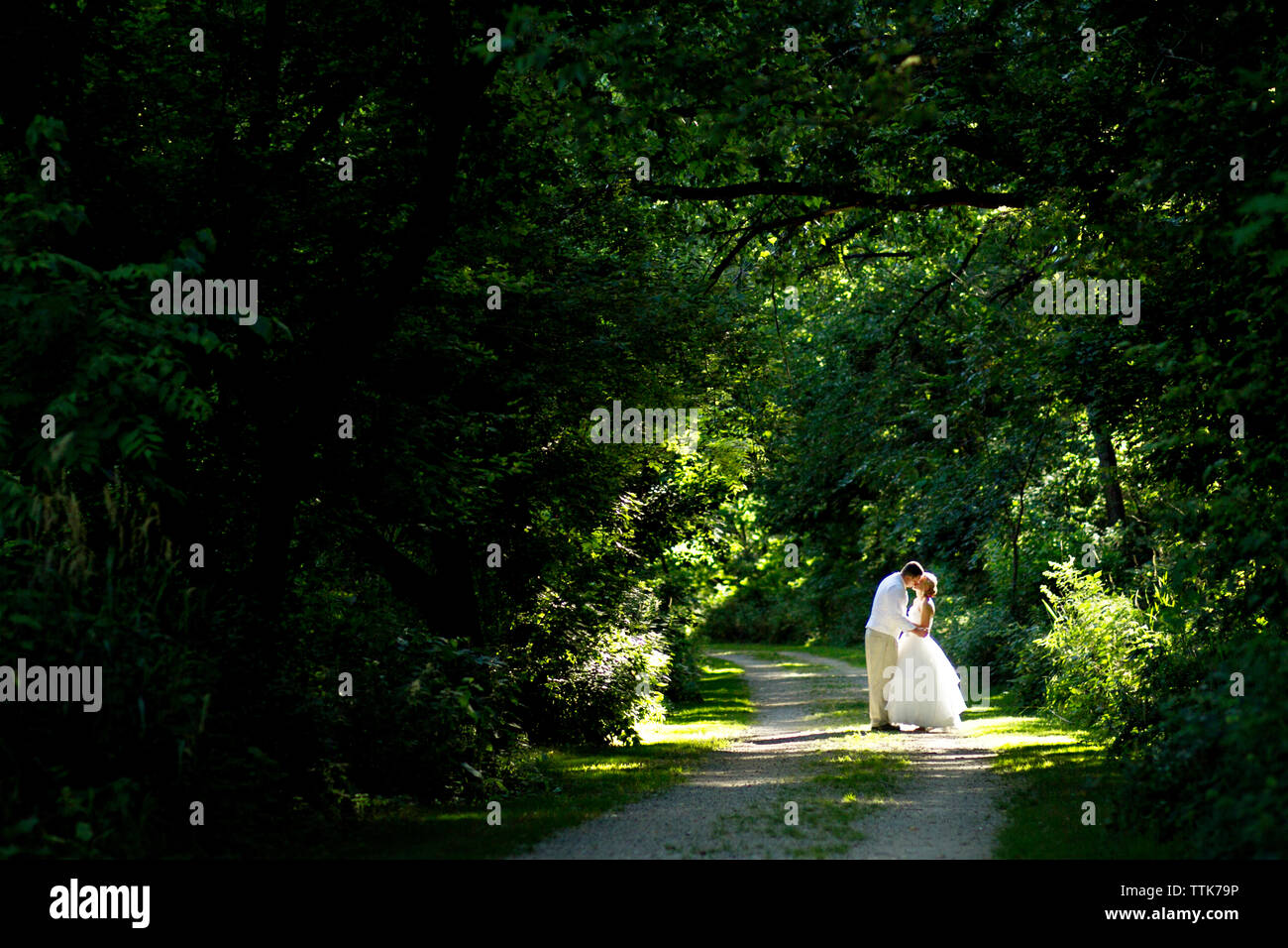 Married couple kissing while standing in forest Stock Photo - Alamy
