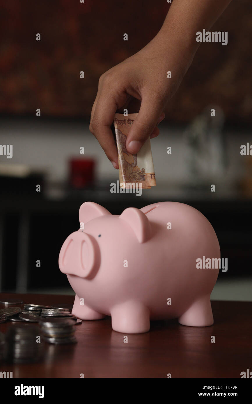 Person hand putting money into a piggy bank Stock Photo - Alamy