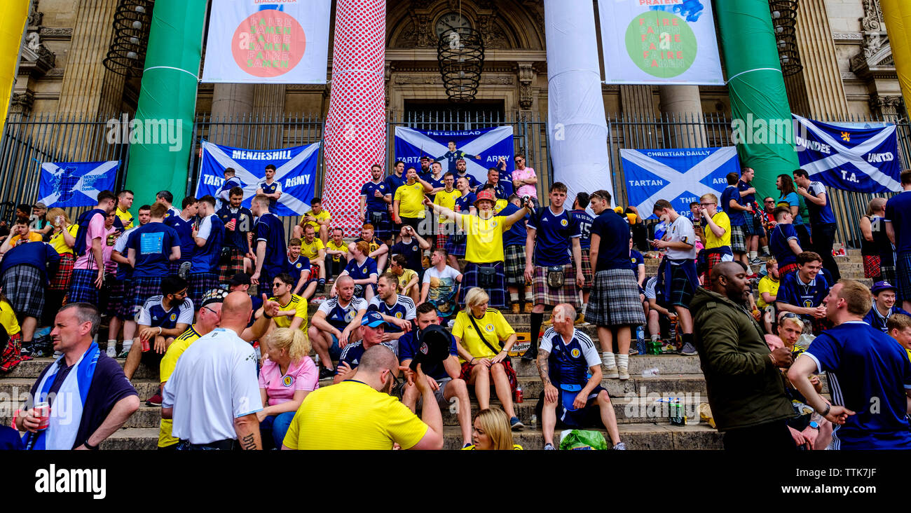 Scottish football fans take over the centre of Brussels ahead of the match against Belgium on 11th June 2019 Stock Photo