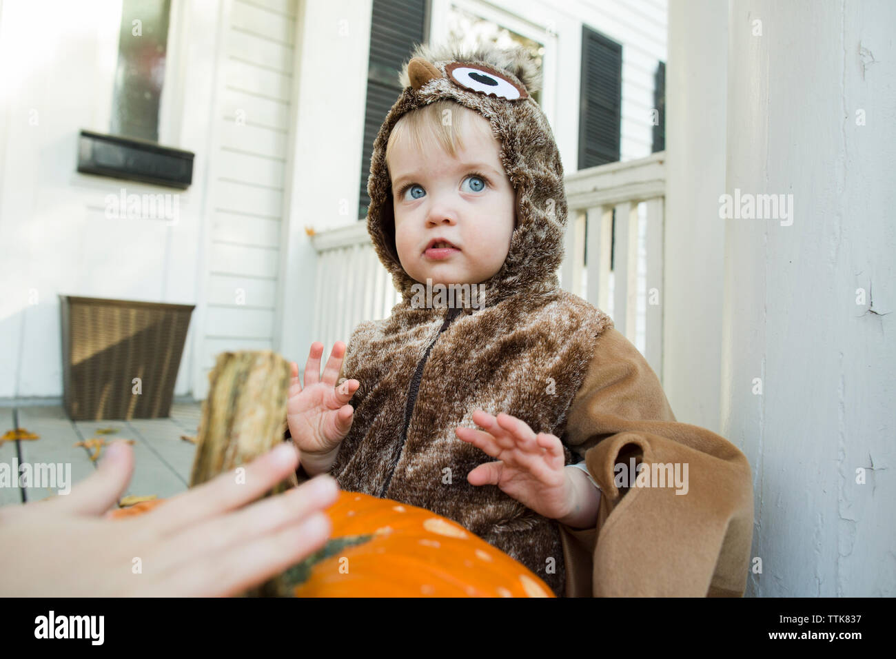 Toddler boy looks into distance while dressed up in Halloween costume Stock Photo