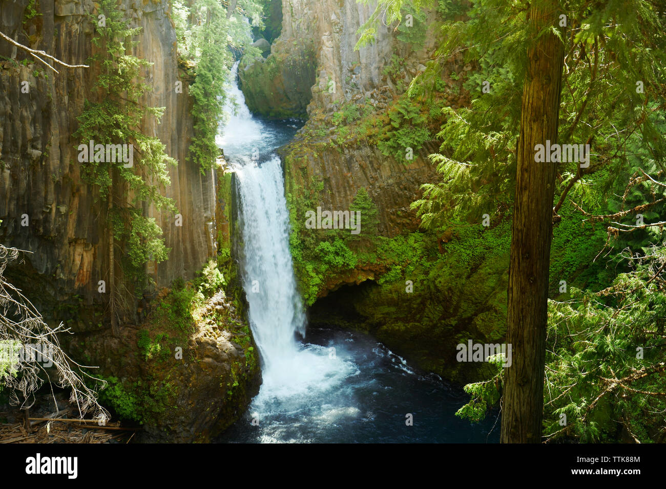 High angle view of Toketee Falls amidst mountains Stock Photo