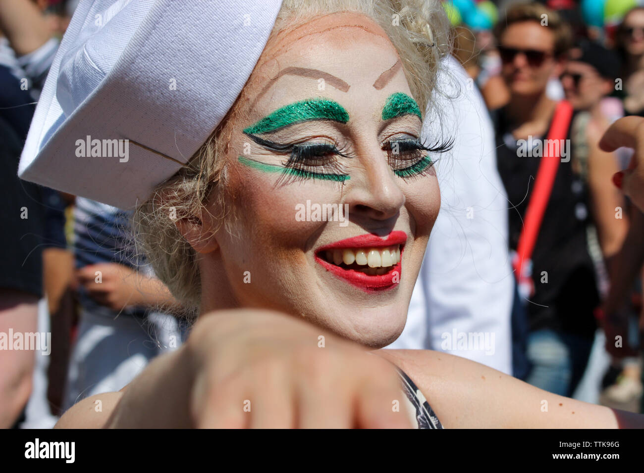 Person wearing a sailor cap at Helsinki Pride Parade 2016 in Helsinki, Finland Stock Photo