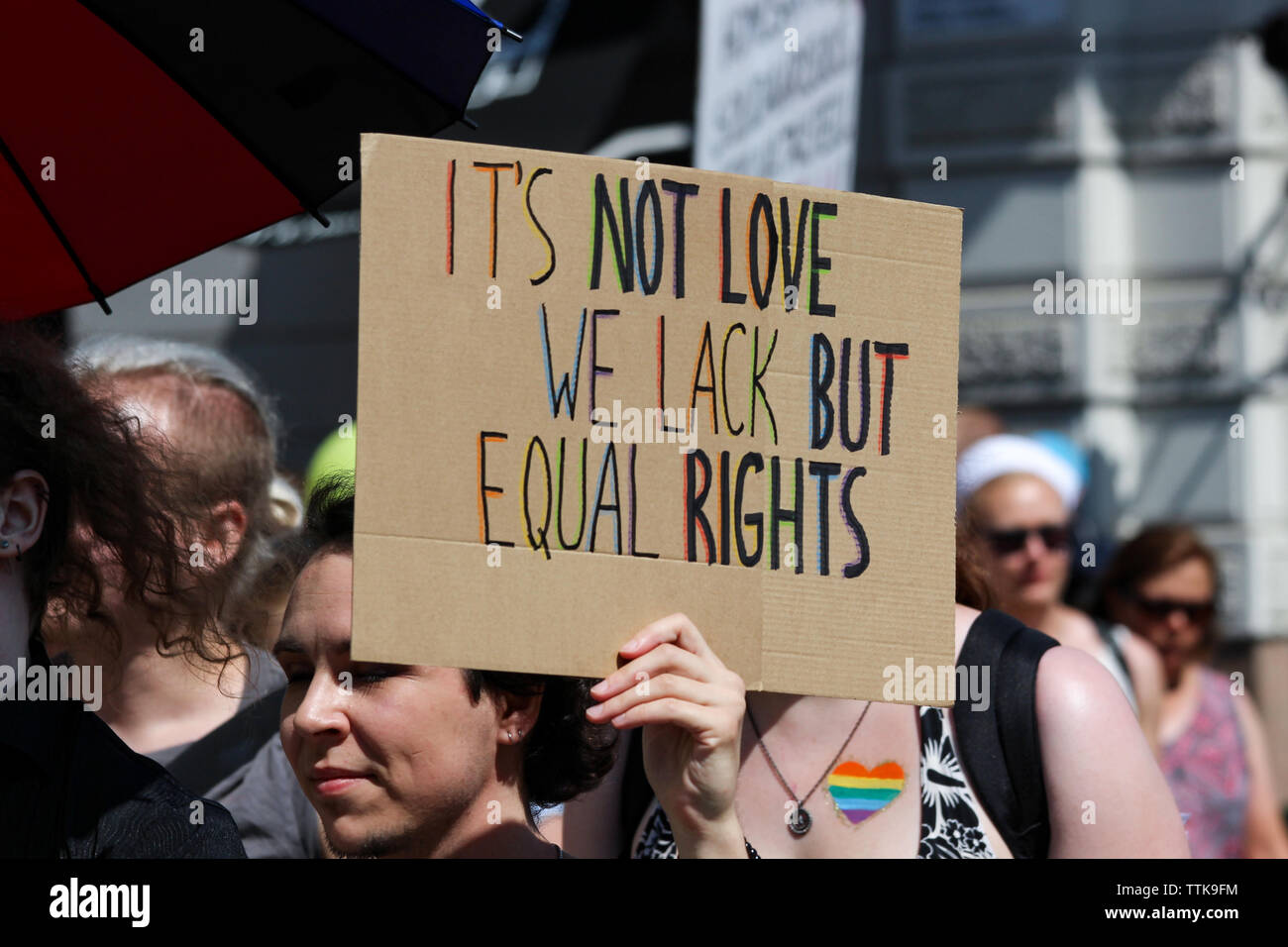 It's not love we lack but equal rights sign at Helsinki Pride Parade 2016 in Helsinki, Finland Stock Photo