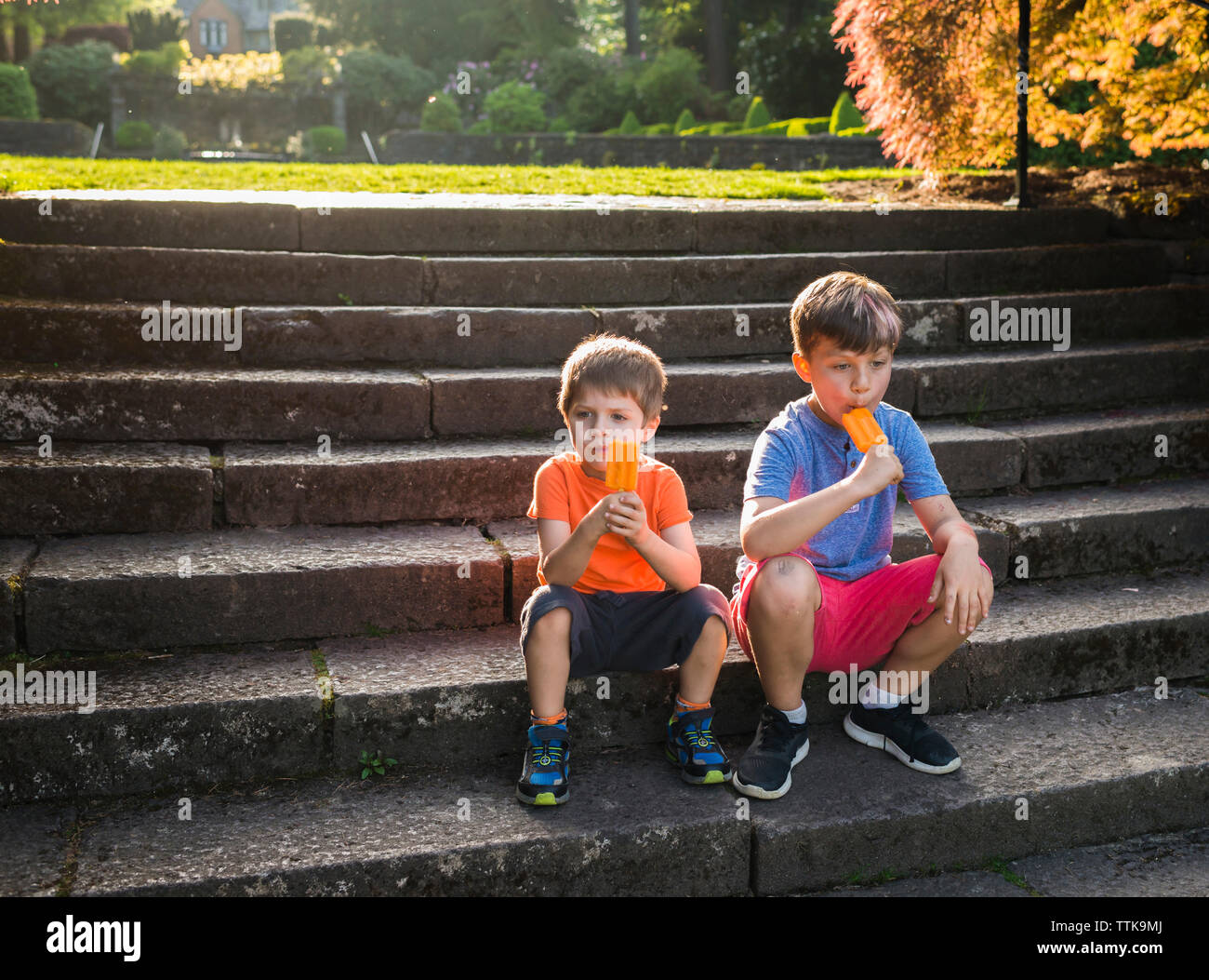 Boys eating popsicles while sitting on steps Stock Photo