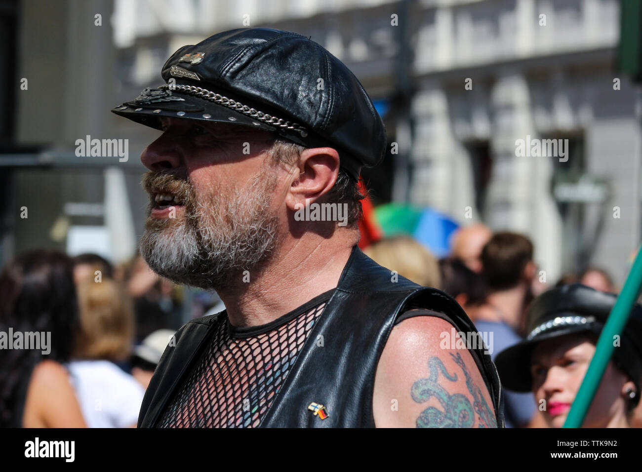 Man wearing leather cap at Helsinki Pride Parade 2016 in Helsinki, Finland Stock Photo