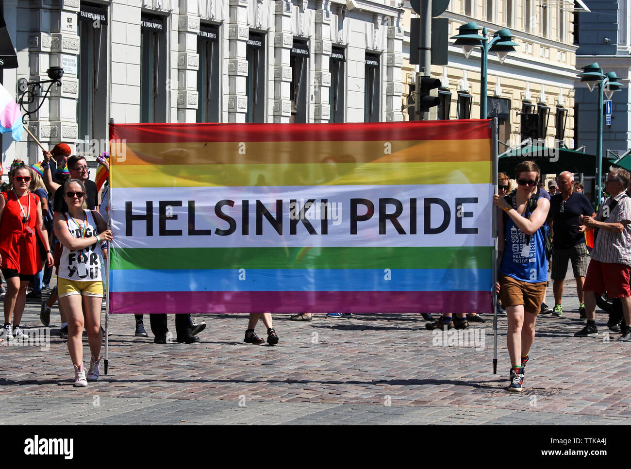 Helsinki Pride rainbow flag or banner at the 2016 parade in Helsinki, Finland Stock Photo