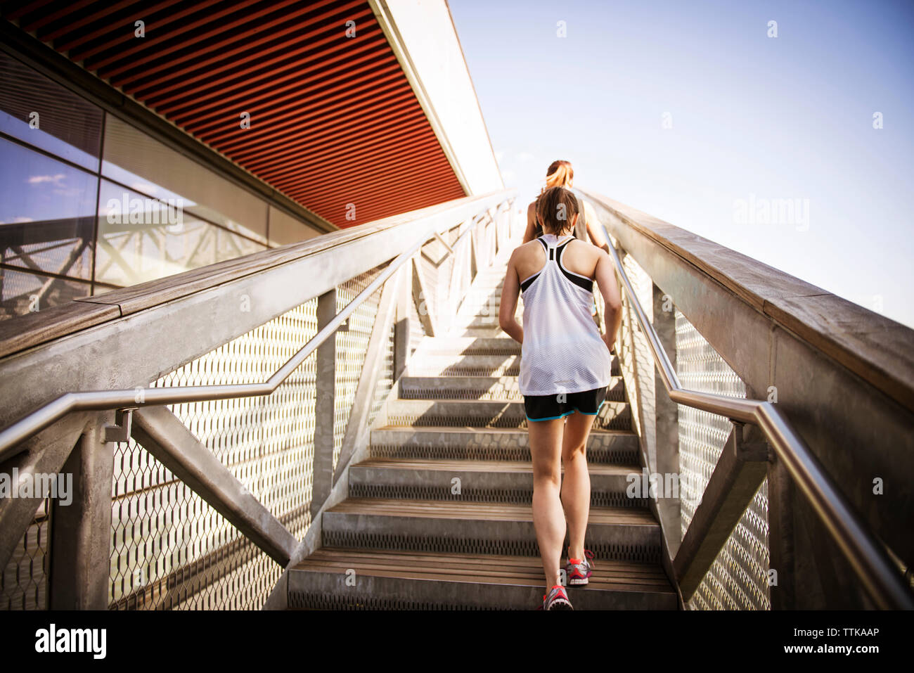 Rear view of women walking on steps and staircases against clear sky Stock Photo