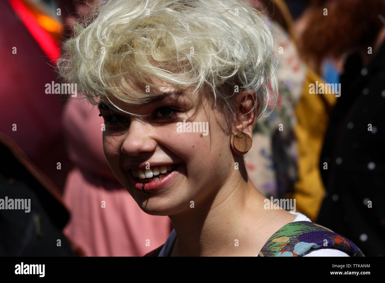 Young woman or teenage girl at Helsinki Pride Parade 2016 in Helsinki, Finland Stock Photo