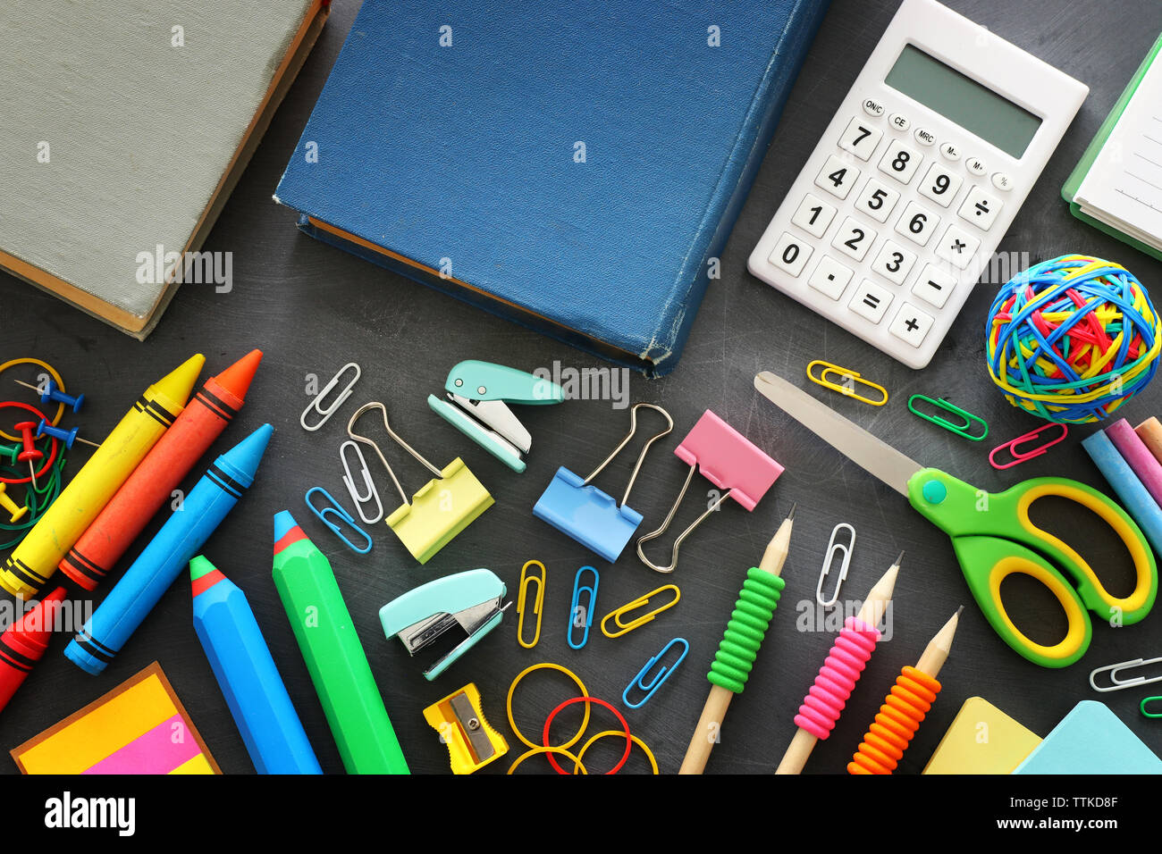 Back to school concept. stationery and books over classroom blackboard. top  view, flat lay Stock Photo - Alamy