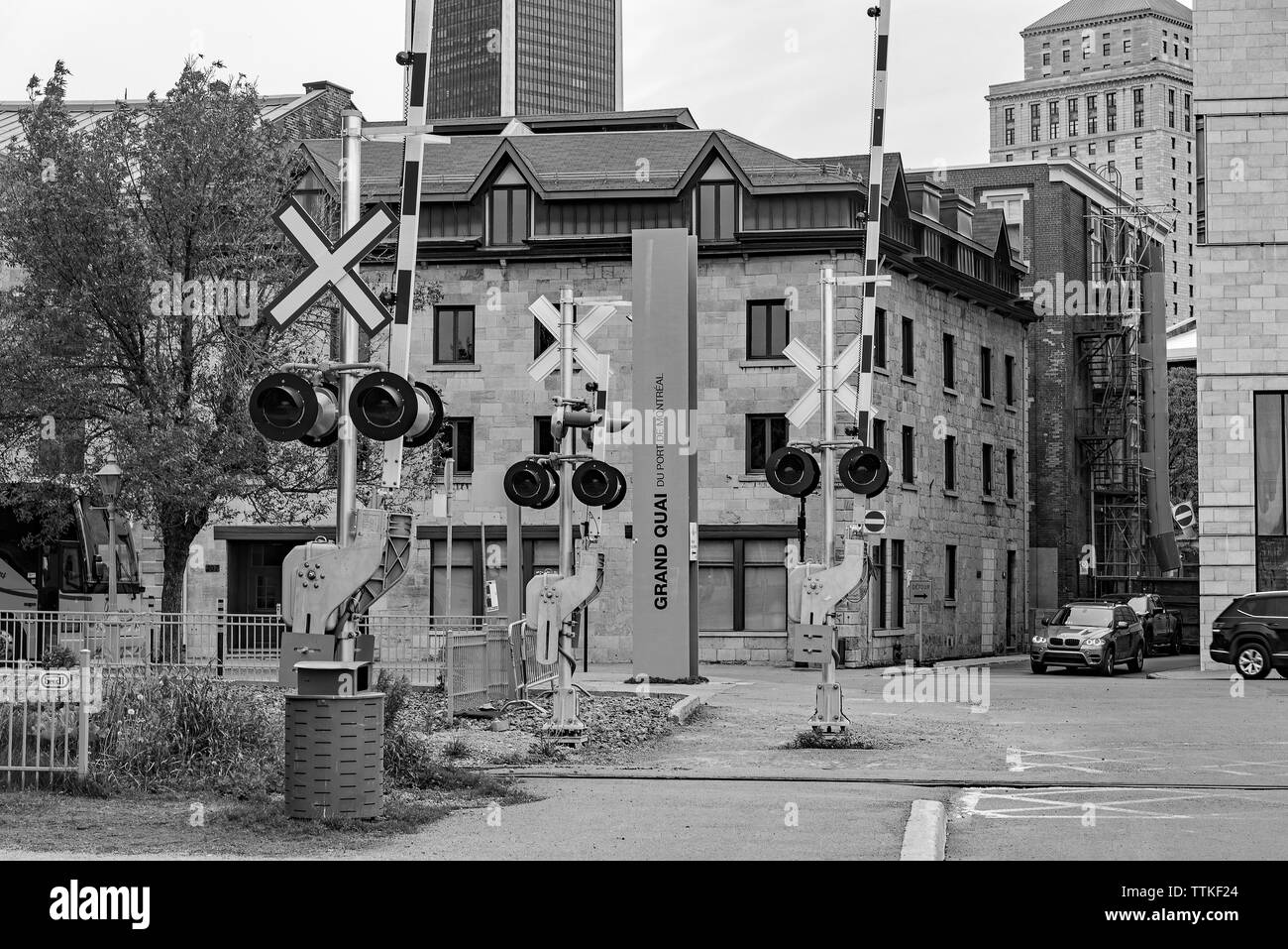 Railway crossing in Old Montreal, Canada Stock Photo