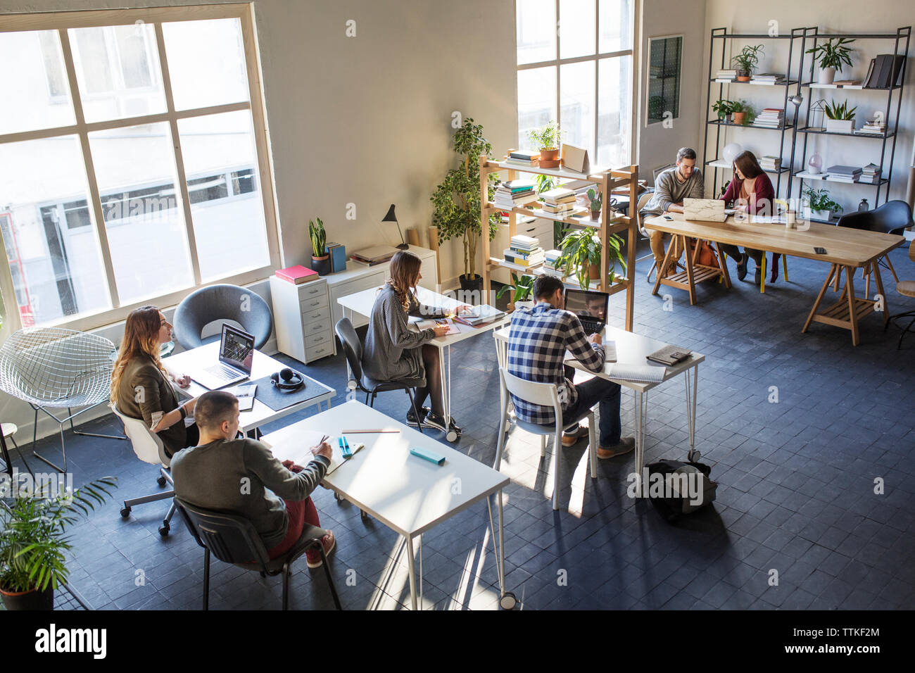 High angle view of students in classroom Stock Photo