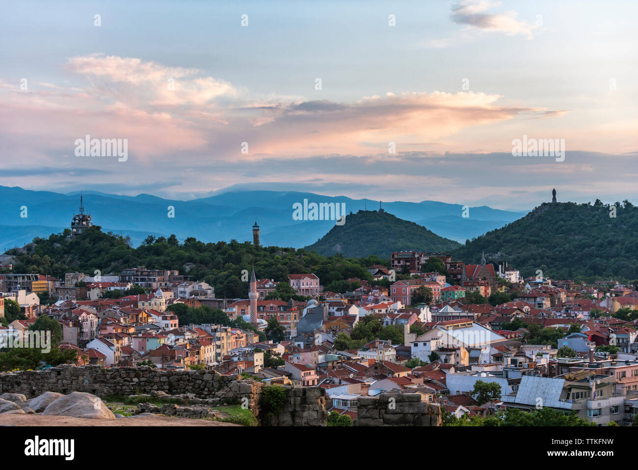 Summer sunset over Plovdiv city, Bulgaria. European capital of culture 2019 and the oldest living city in Europe. Photo from one of the hills Stock Photo
