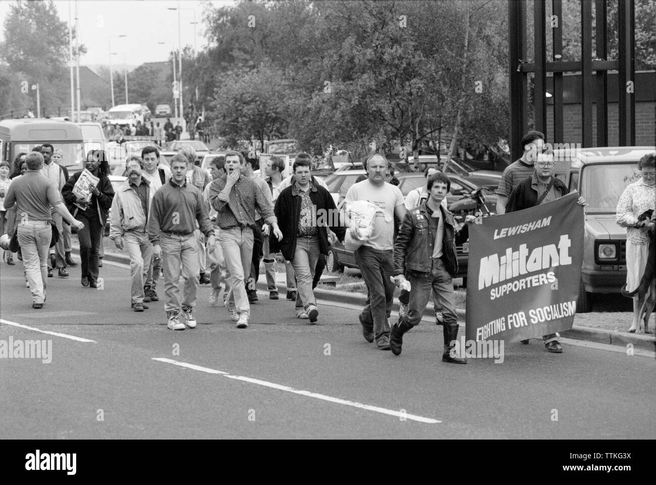 A counter demonstration march in East London, England, by Lewisham Socialist Militant supporters, marching against the BNP, British National Party, a far right political party active from 1982 until the present day. Stock Photo