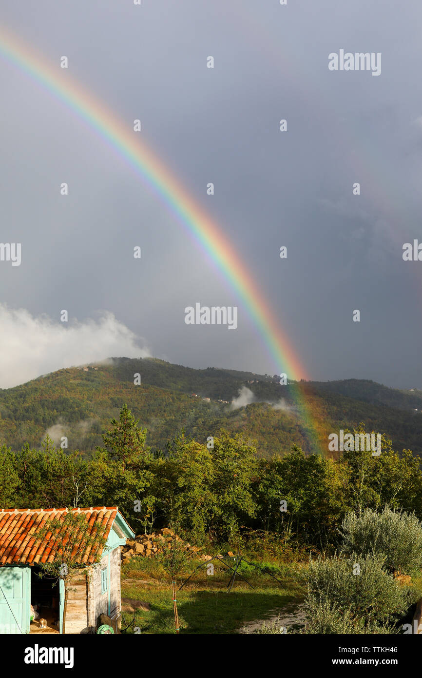 Scenic view of rainbow over mountains against cloudy sky Stock Photo