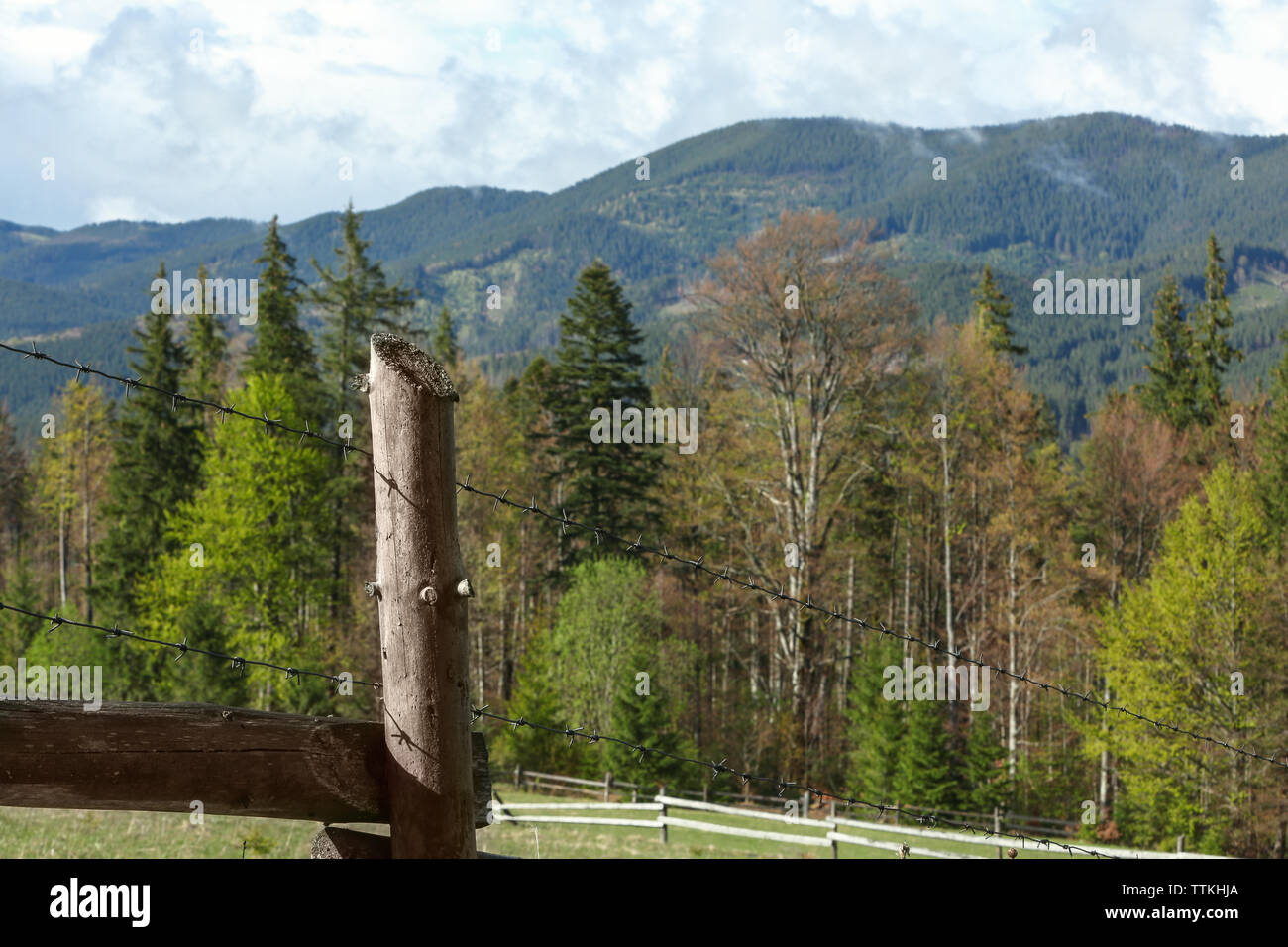 Wooden fence on mountain forest background Stock Photo - Alamy