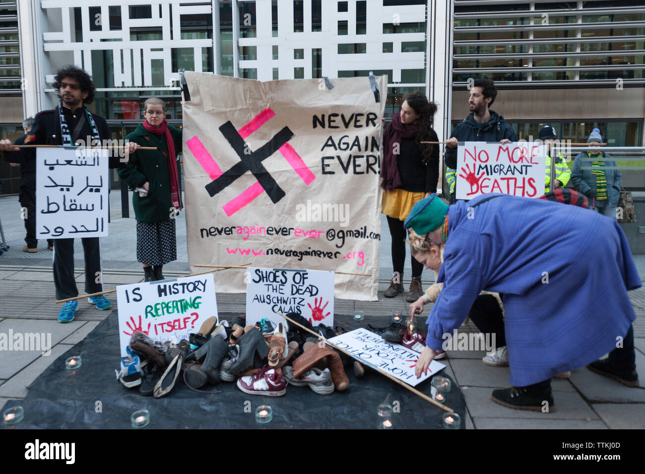 Home Office, Marsham Street, London, UK. 25th January, 2016.  A number of protesters calling themselves “Never Again Ever”, a coalition of human right Stock Photo