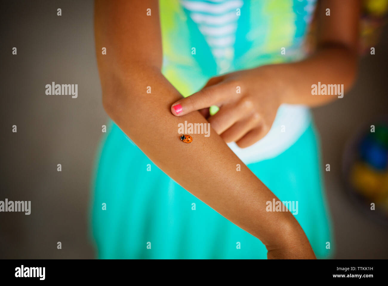 Close-up of ladybug on girl's hand Stock Photo