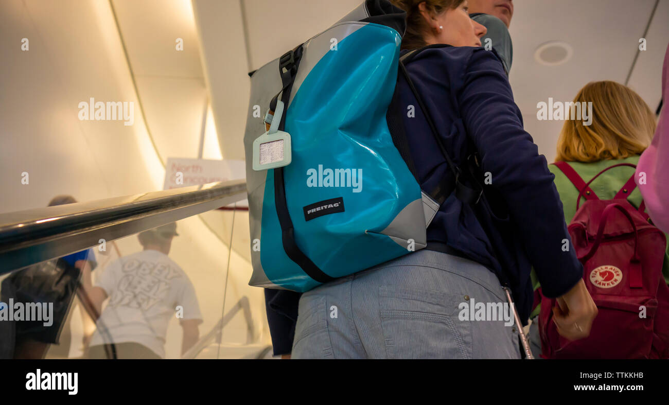 A Freitag backpack on a tourist in New York on Saturday, June 15, 2019. The  bags are an example of an 