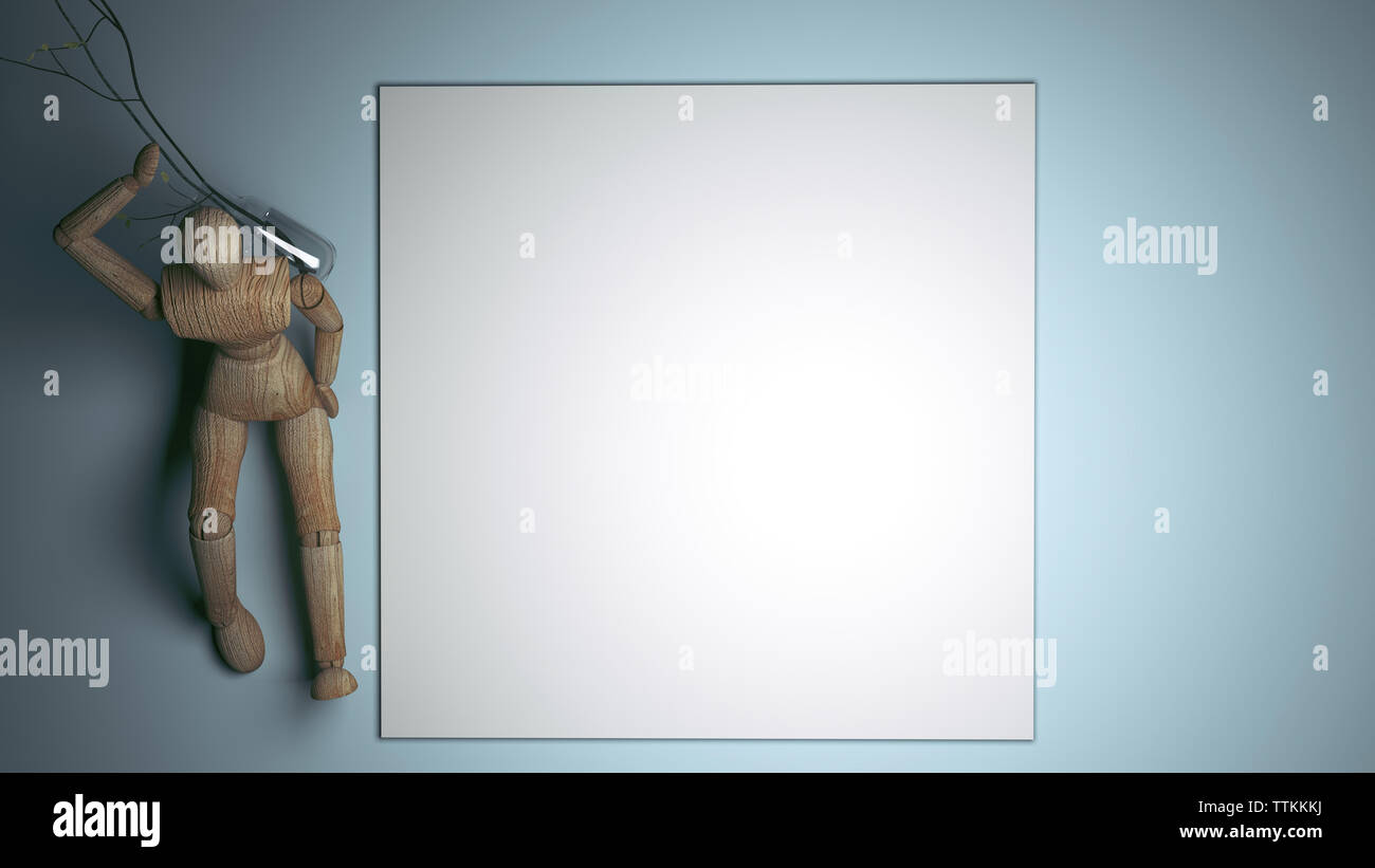 wooden dummy holding empty white blank card for your text