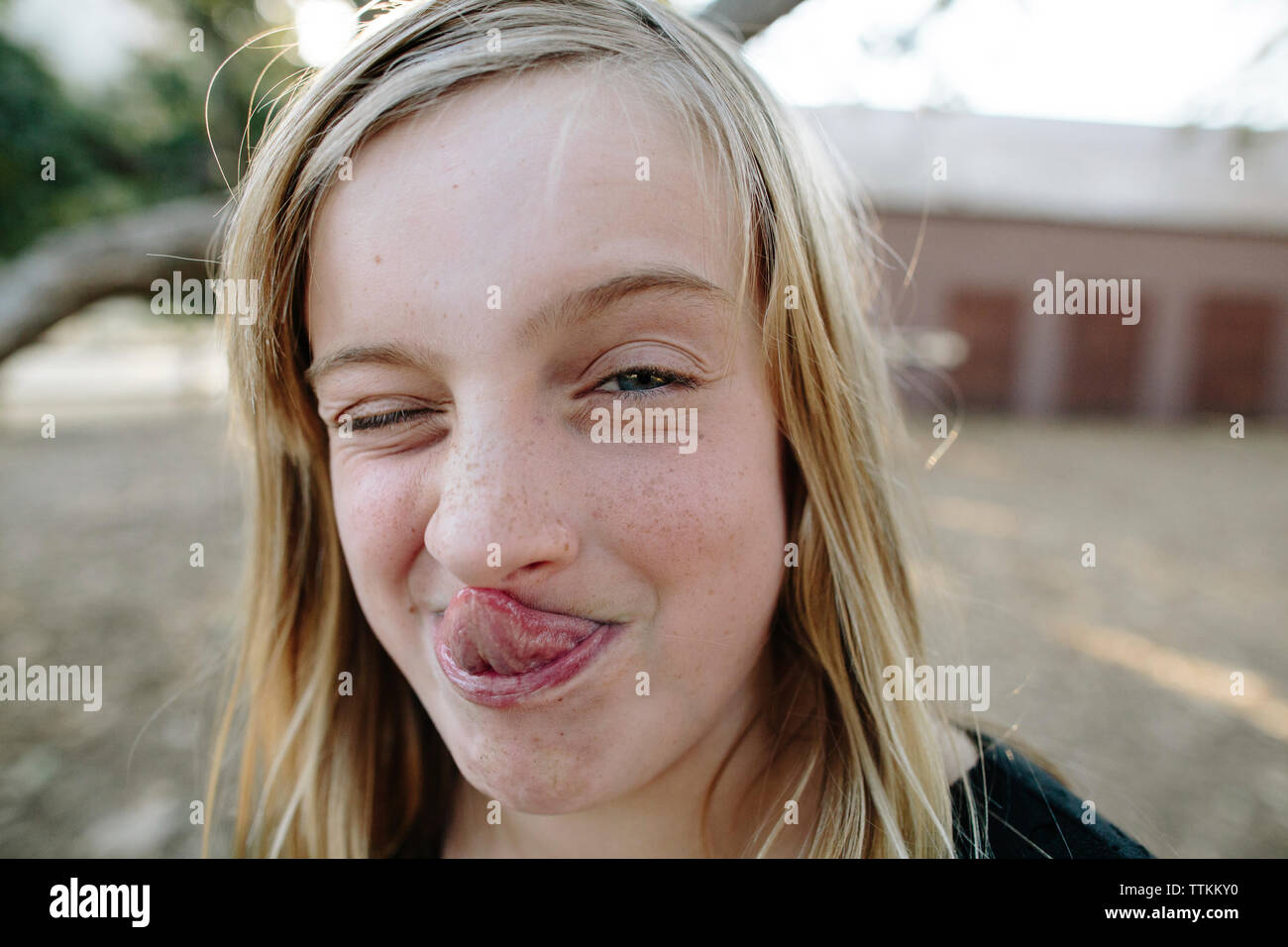 Close-up portrait of playful girl sticking out tongue while winking at farm Stock Photo